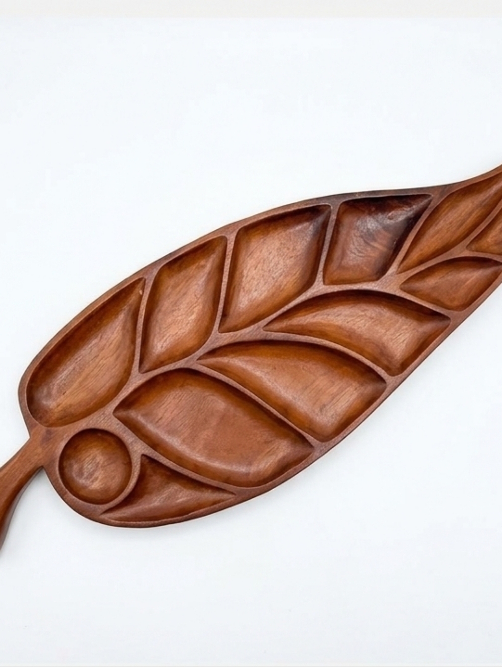 Vintage MCM Solid Walnut Wood Leaf Serving Tray Snack Tidbit 28x10"